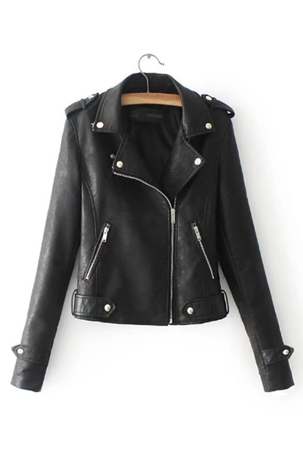 Women Long Sleeve Slim Fit Zipper Closure Elegant Styled Leather Jacket