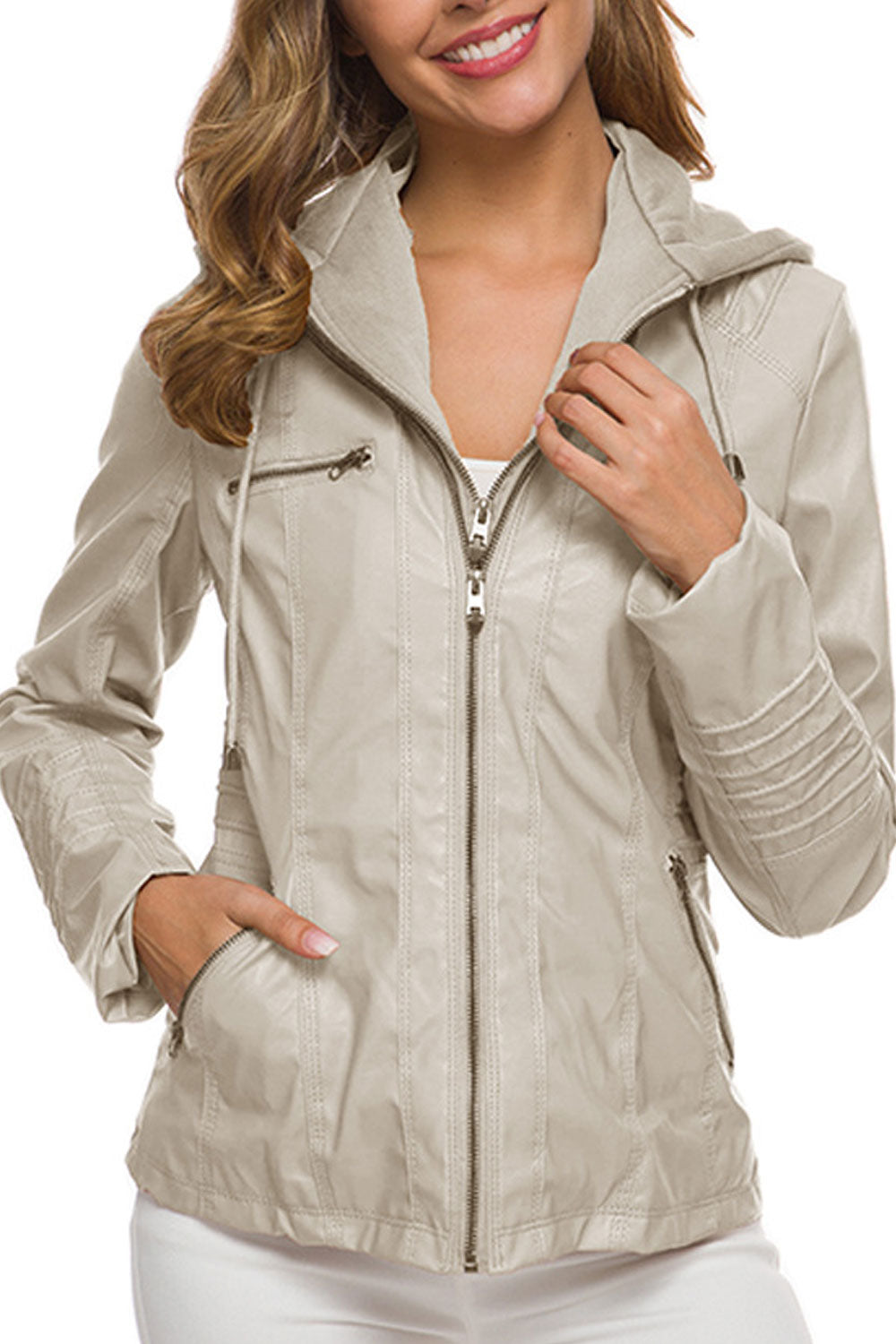 Women Solid Colored Zipper Closure Long Sleeve Leather Jacket