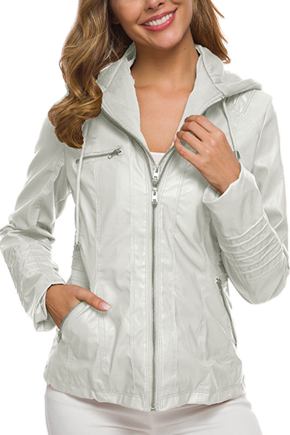 Women Solid Colored Zipper Closure Long Sleeve Leather Jacket