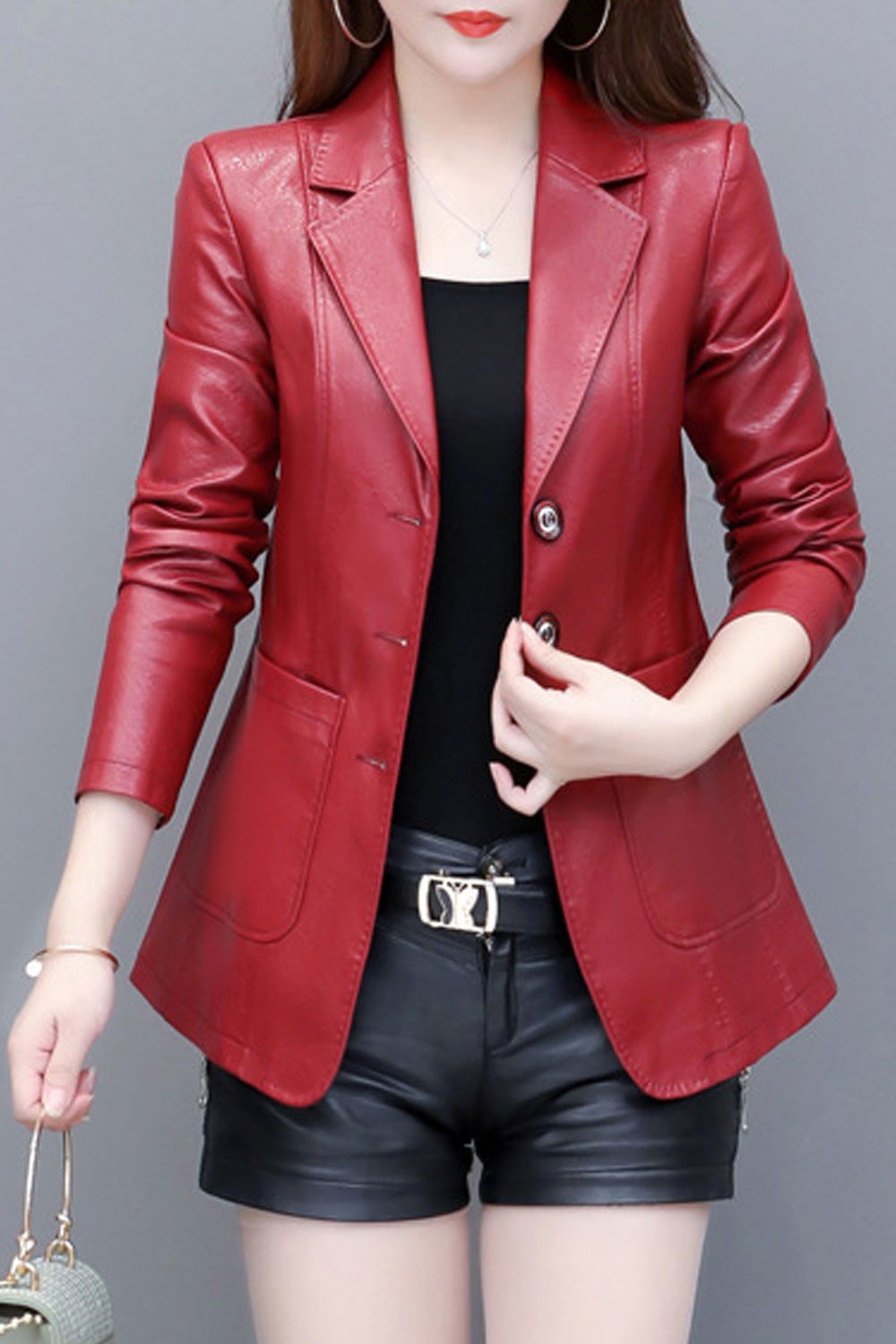 Women Button Closure Solid Pattern Long Sleeve Comfy Leather Jacket