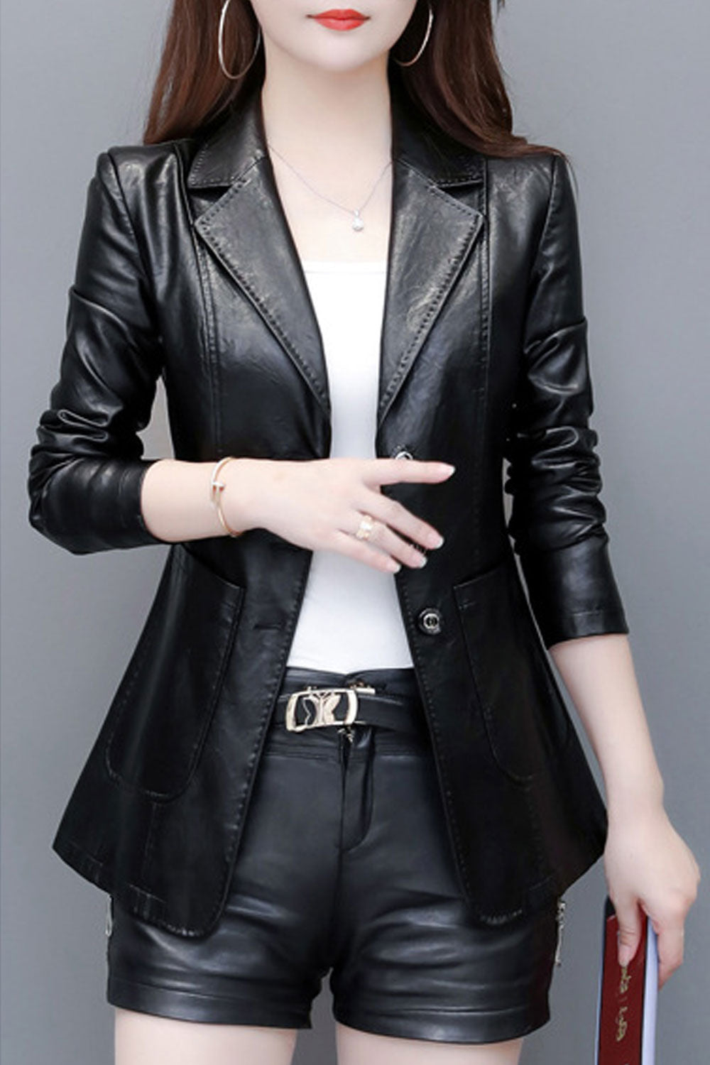 Women Button Closure Solid Pattern Long Sleeve Comfy Leather Jacket