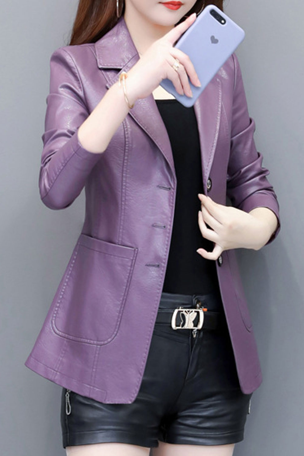 Women Button Closure Solid Pattern Long Sleeve Comfy Leather Jacket