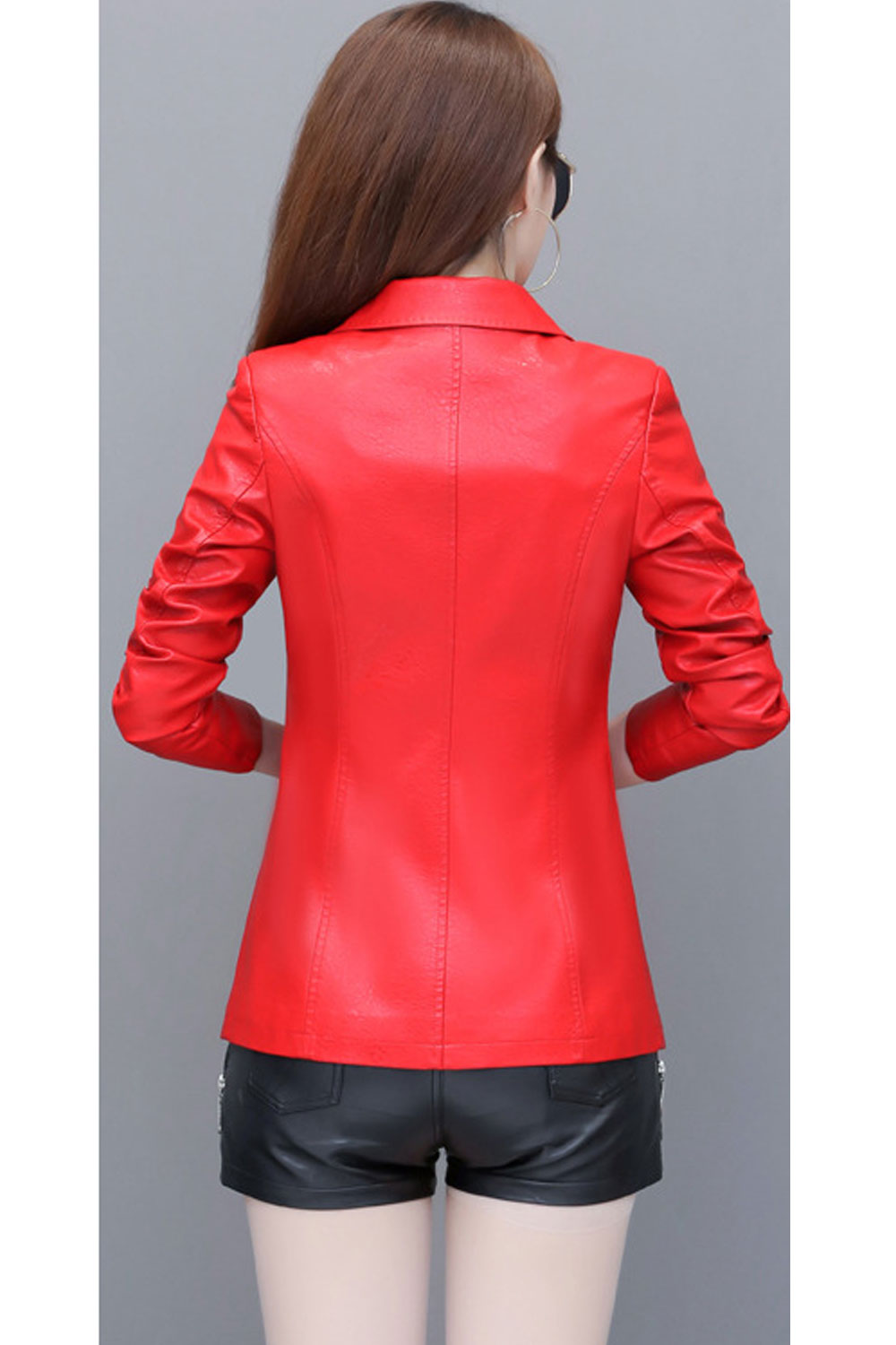 Women Button Closure Solid Pattern Long Sleeve Comfy Leather Jacket