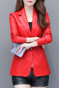 Women Button Closure Solid Pattern Long Sleeve Comfy Leather Jacket