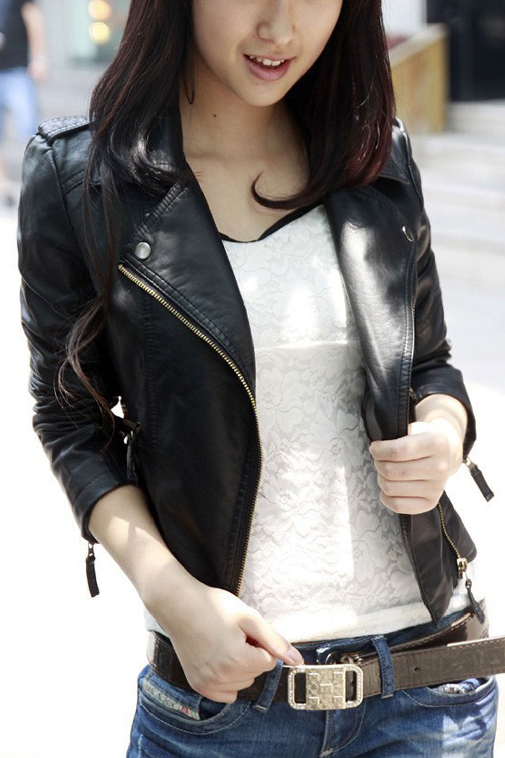Women Long Sleeve Collar Neck Solid Colored Leather Jacket