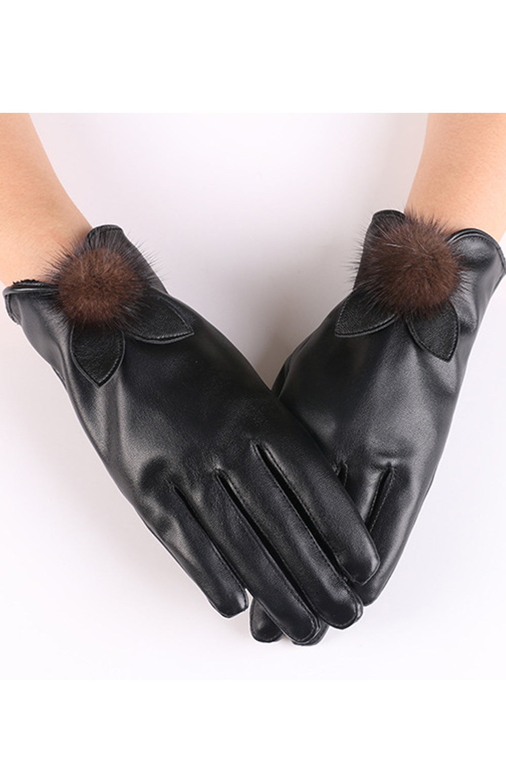 Women Winter Season Casual Hair Ball Attached Classy PU Gloves
