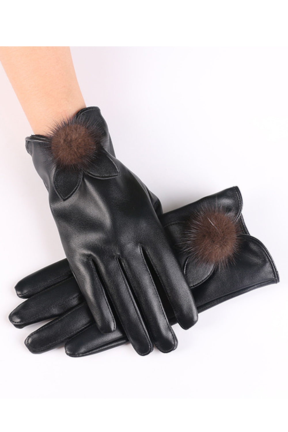 Women Winter Season Casual Hair Ball Attached Classy PU Gloves