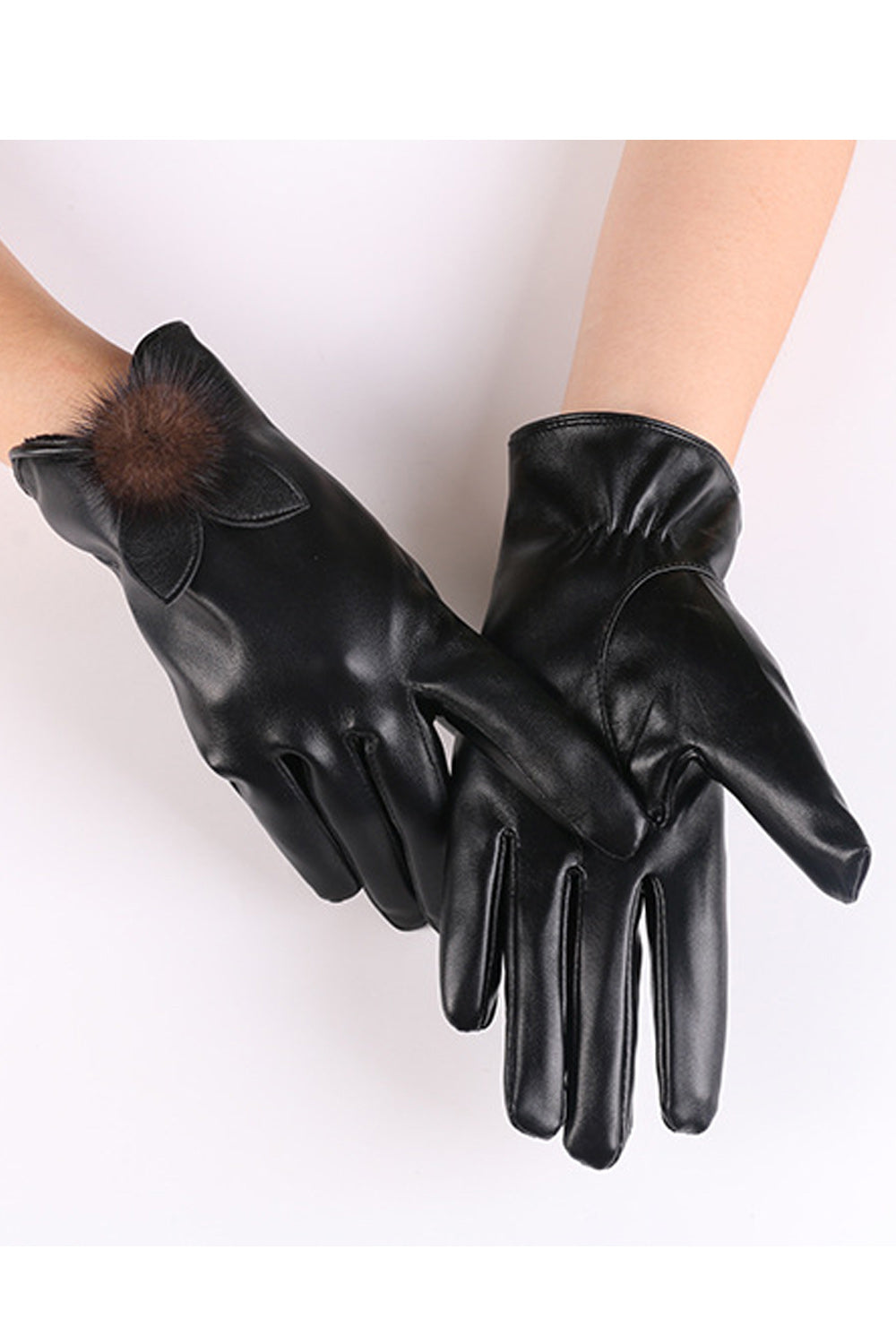 Women Winter Season Casual Hair Ball Attached Classy PU Gloves