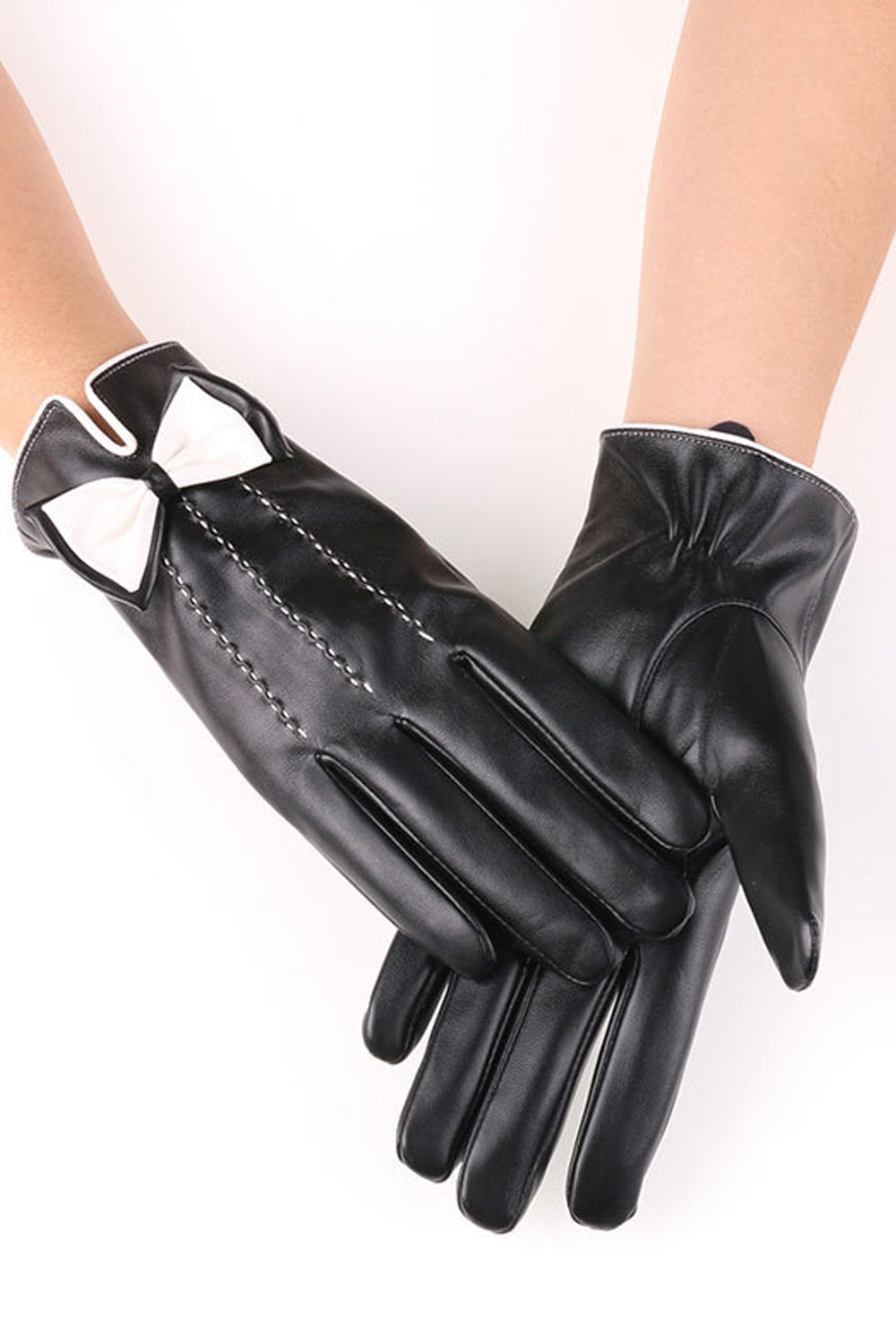 Women Cute Ribbon Decorated Thick War PU Leather Gloves