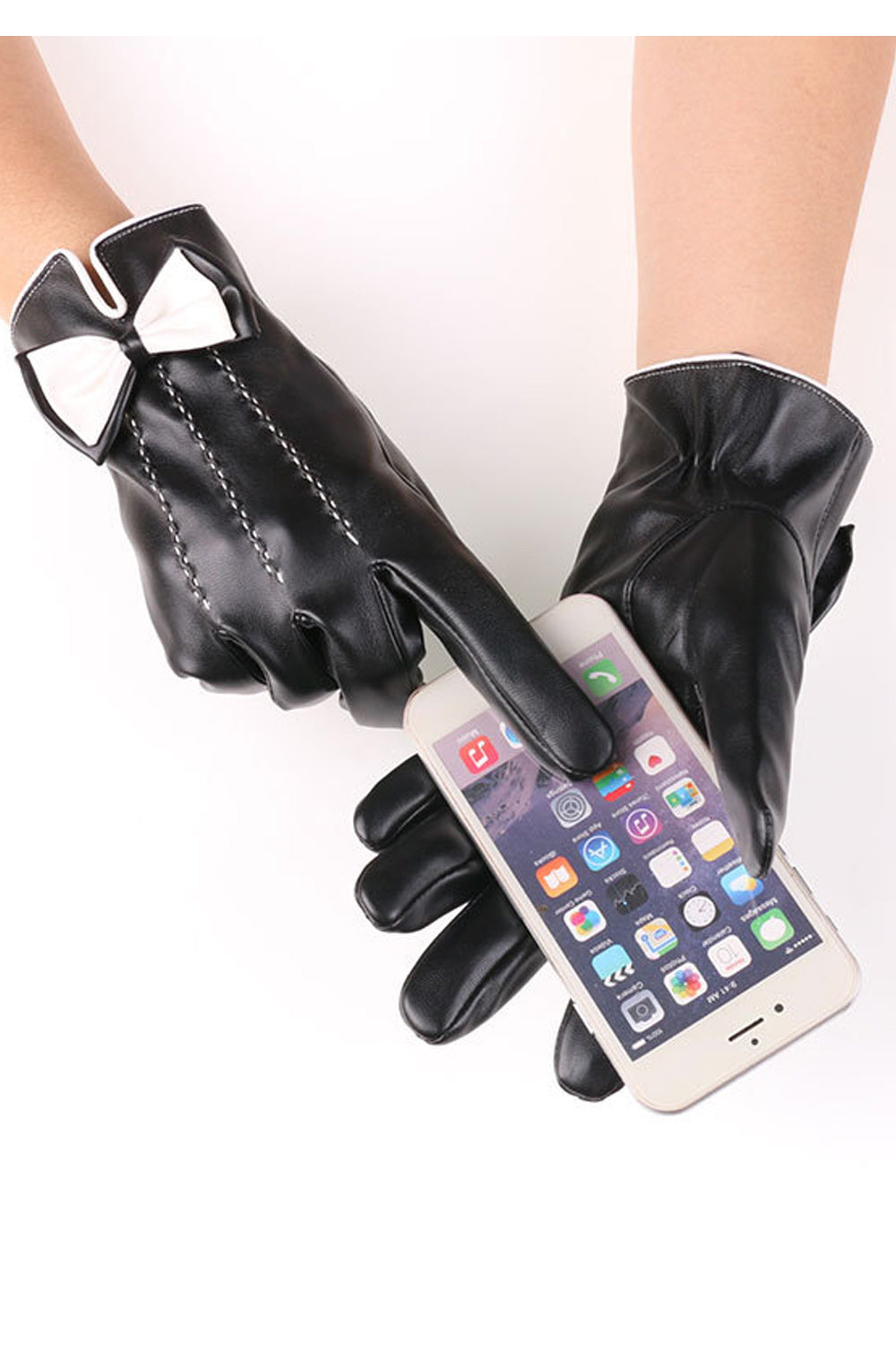 Women Cute Ribbon Decorated Thick War PU Leather Gloves