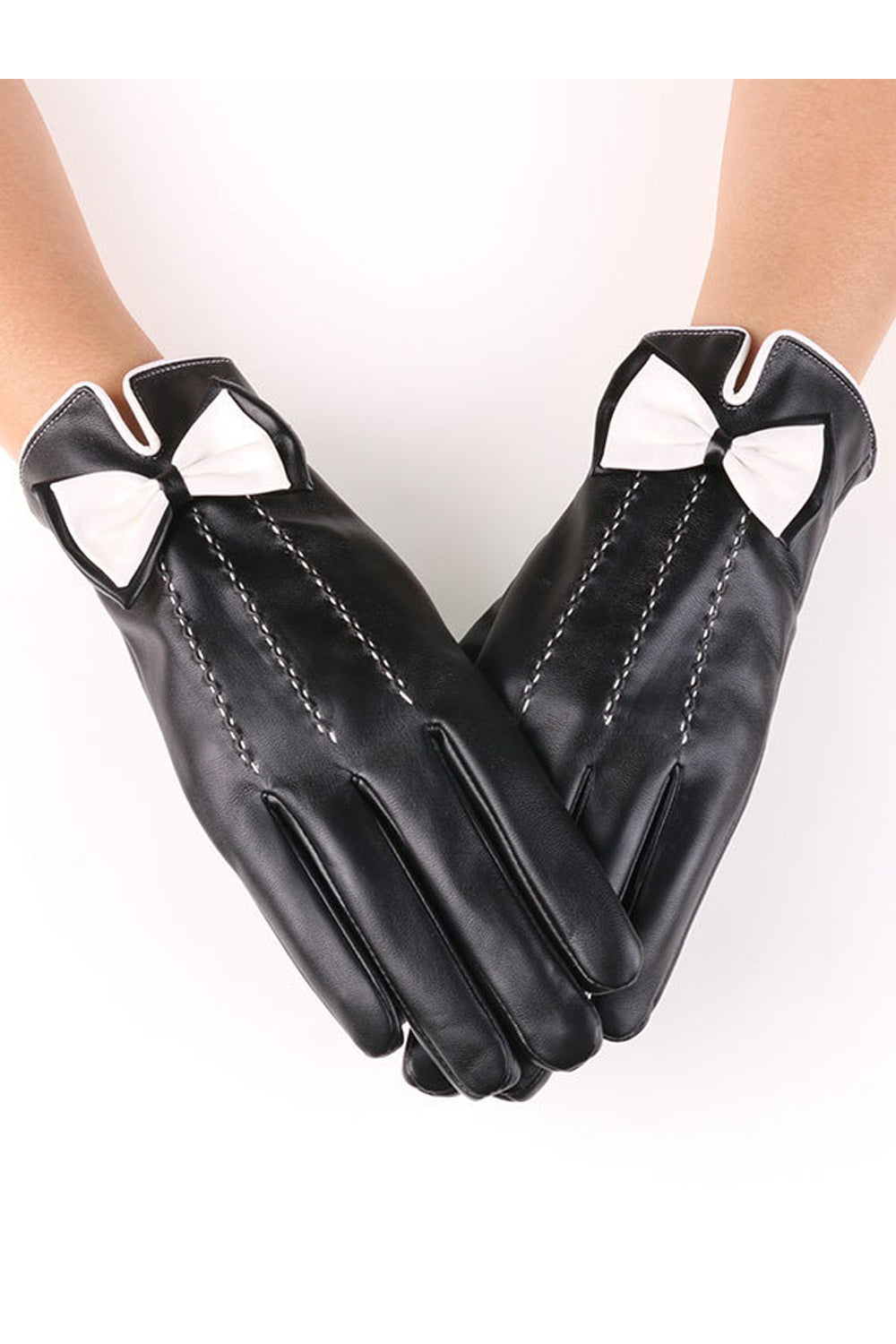 Women Cute Ribbon Decorated Thick War PU Leather Gloves