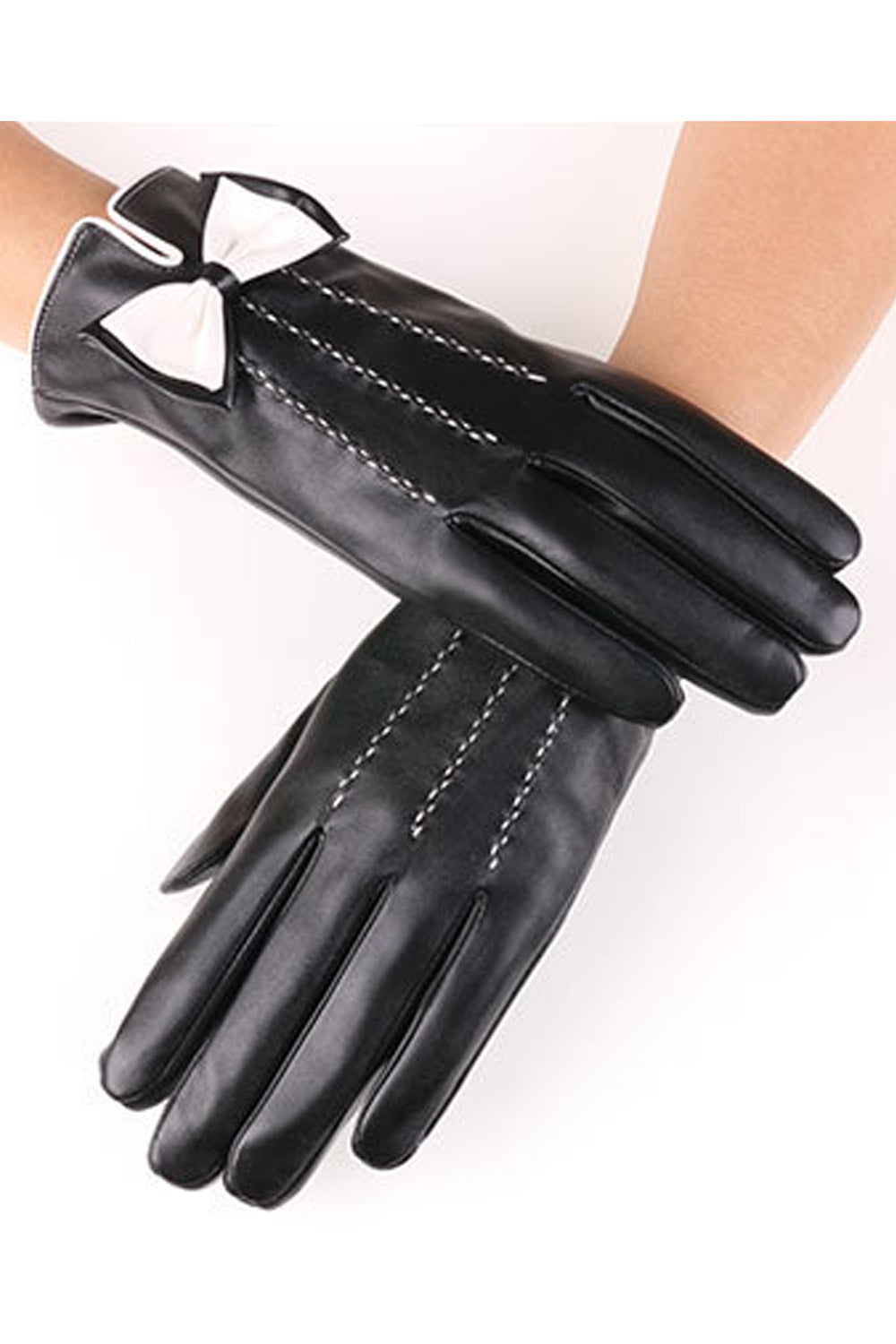 Women Cute Ribbon Decorated Thick War PU Leather Gloves