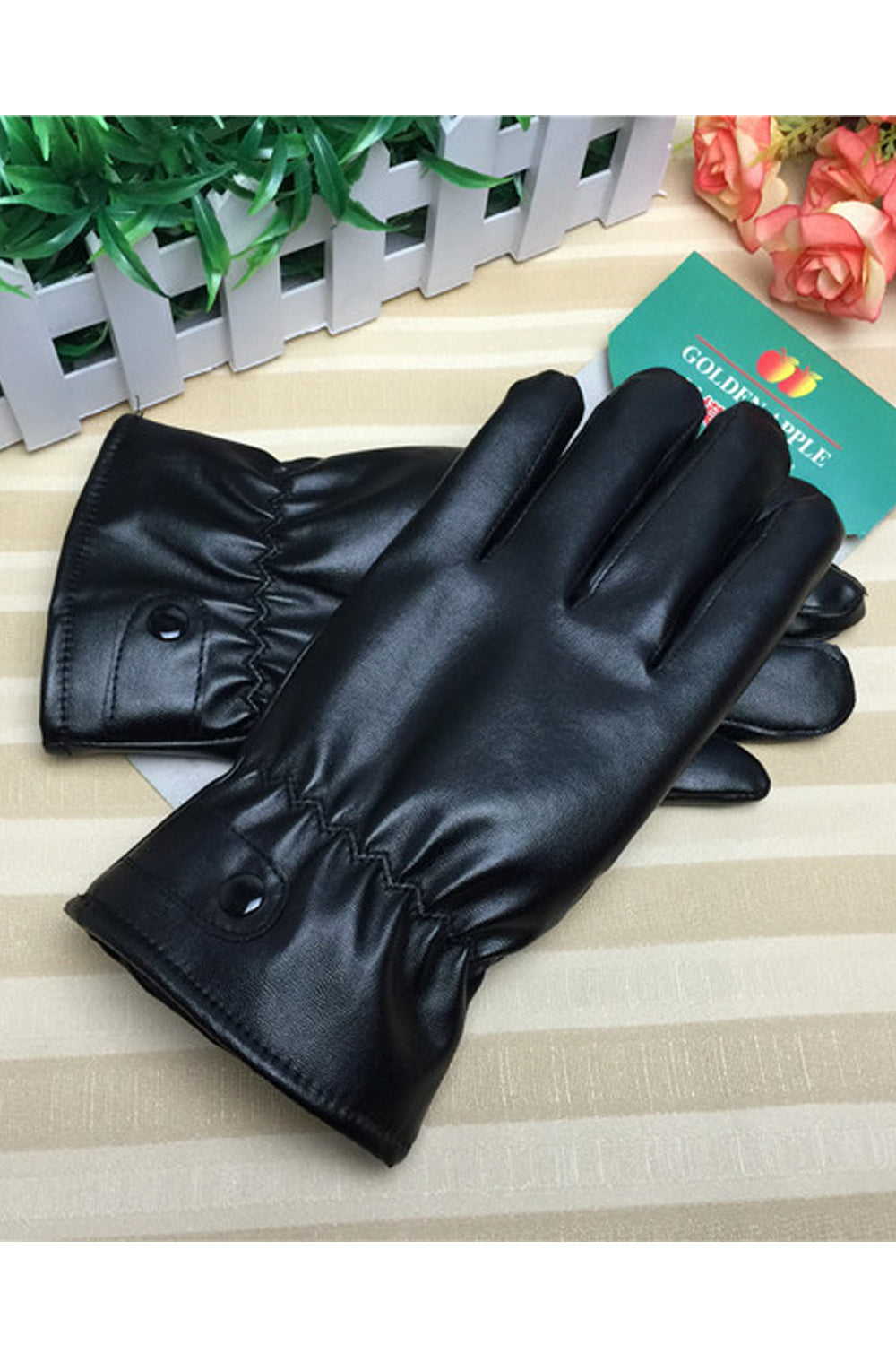 Women Elasticated Wrist Solid Colored Warm PU Gloves