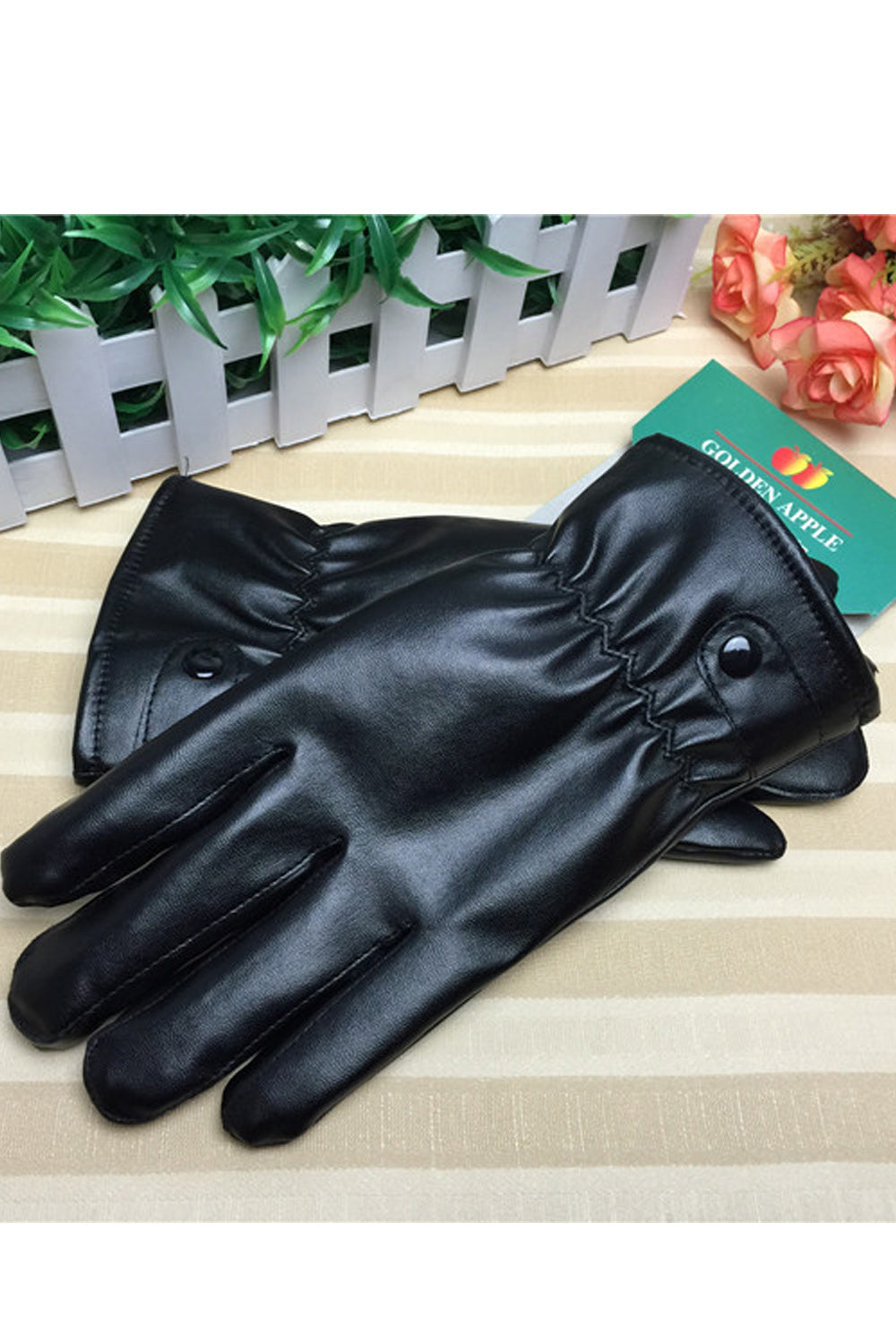 Women Elasticated Wrist Solid Colored Warm PU Gloves
