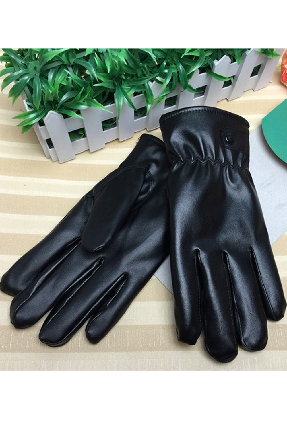Women Elasticated Wrist Solid Colored Warm PU Gloves