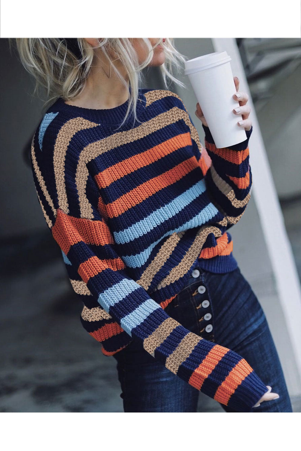 Women Lovely Thick Striped Pattern Easy Round Neck Sweater