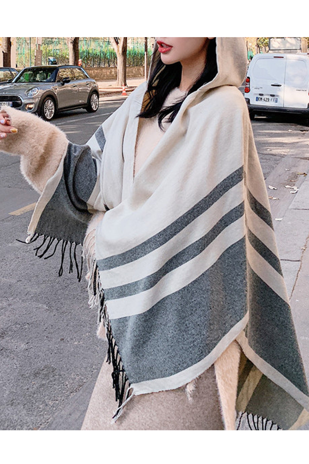 Women Beautiful Hooded Style Stripe Pattern Soft Cozy Casual Autumn Shawl