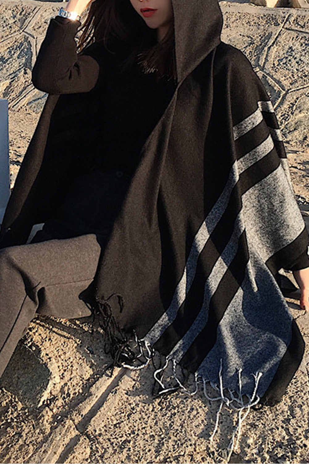 Women Beautiful Hooded Style Stripe Pattern Soft Cozy Casual Autumn Shawl