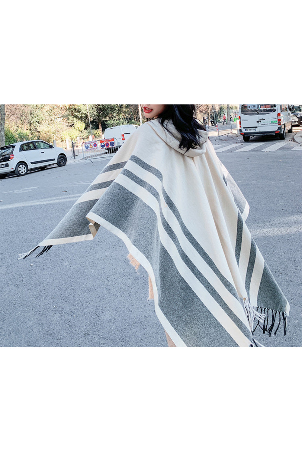 Women Beautiful Hooded Style Stripe Pattern Soft Cozy Casual Autumn Shawl