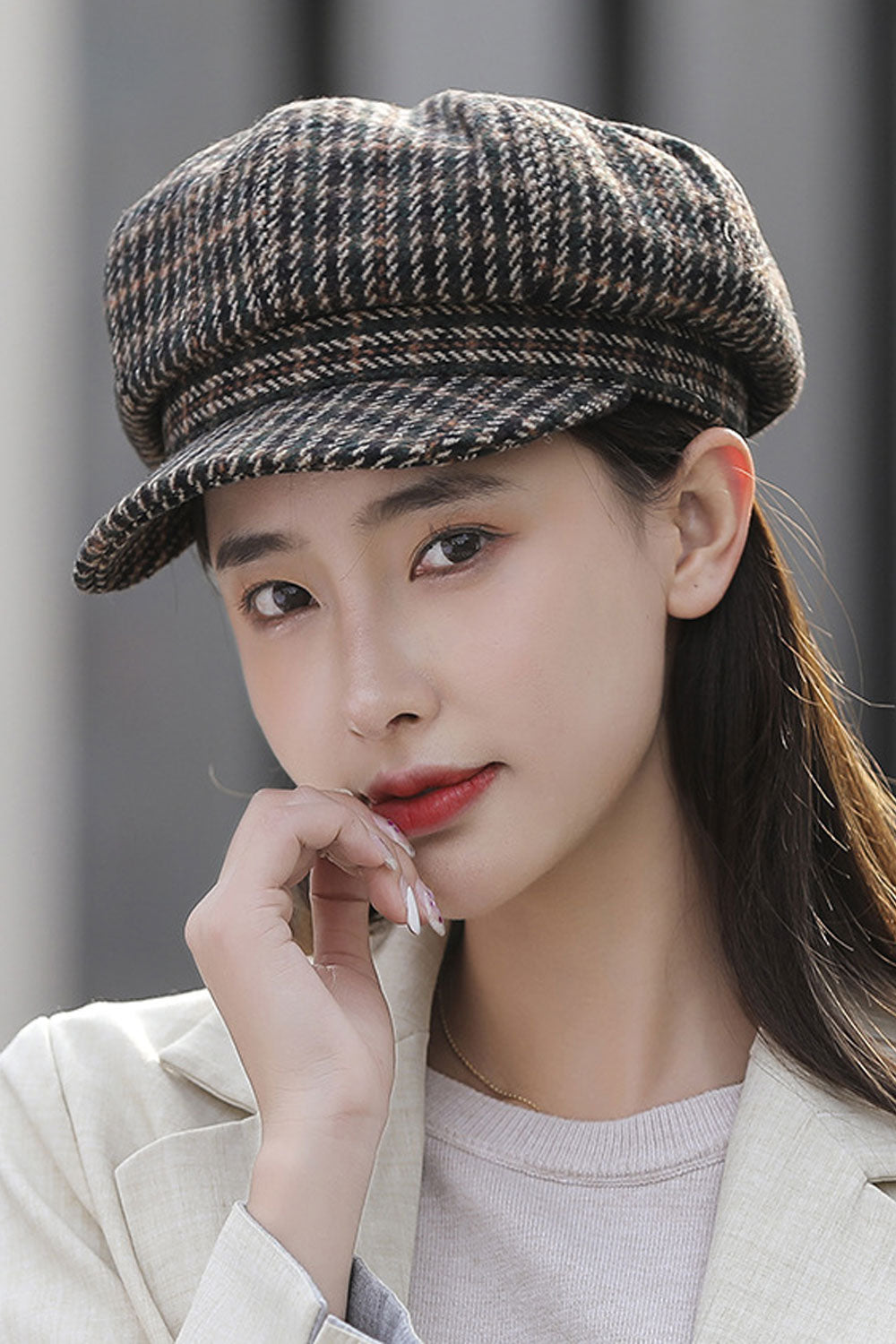 Women Warm Head Protection Plaid Outdoor Beret Hat