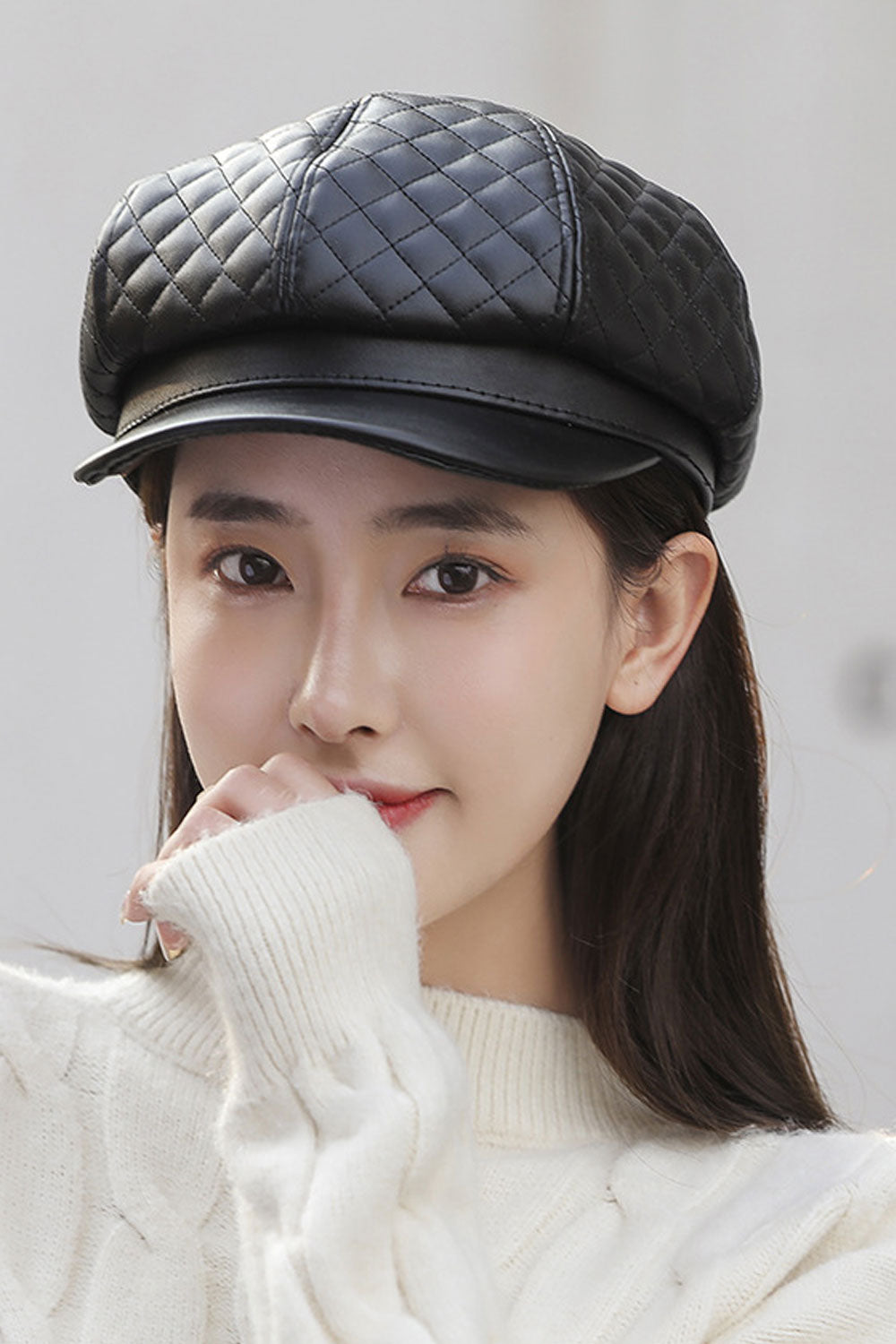 Women Cold Protection PU Leather Warm Beret Hat