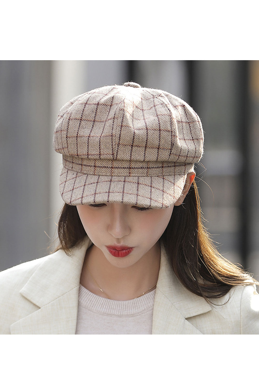 Women Lovely Dome Styled Trendy Plaid Pattern Beret Hat