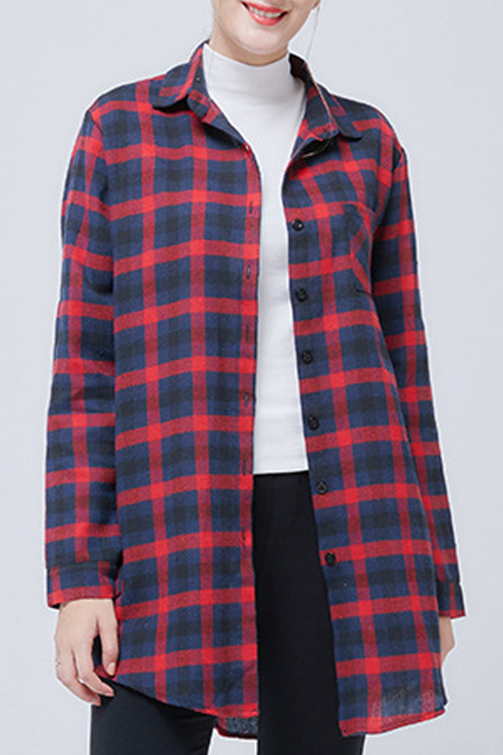 Women Comfortable Collar Neck Mid Length Plaid Pattern Shirt