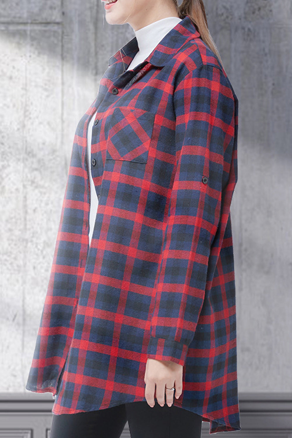 Women Comfortable Collar Neck Mid Length Plaid Pattern Shirt