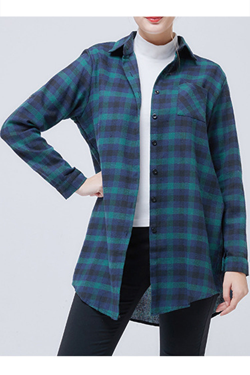 Women Comfortable Collar Neck Mid Length Plaid Pattern Shirt