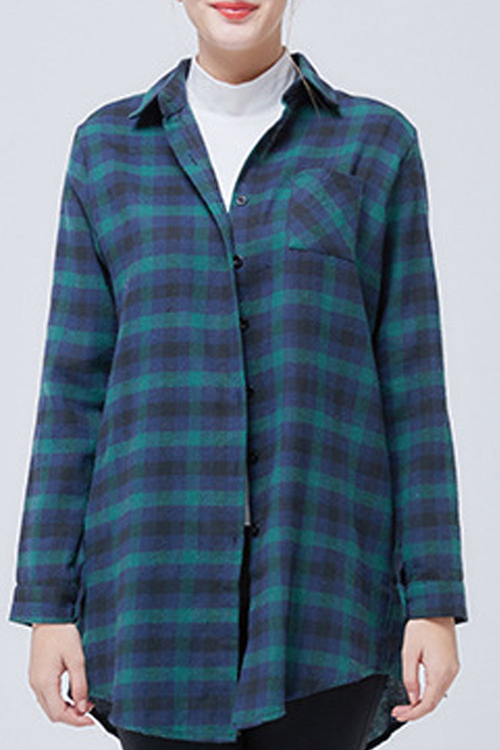 Women Comfortable Collar Neck Mid Length Plaid Pattern Shirt