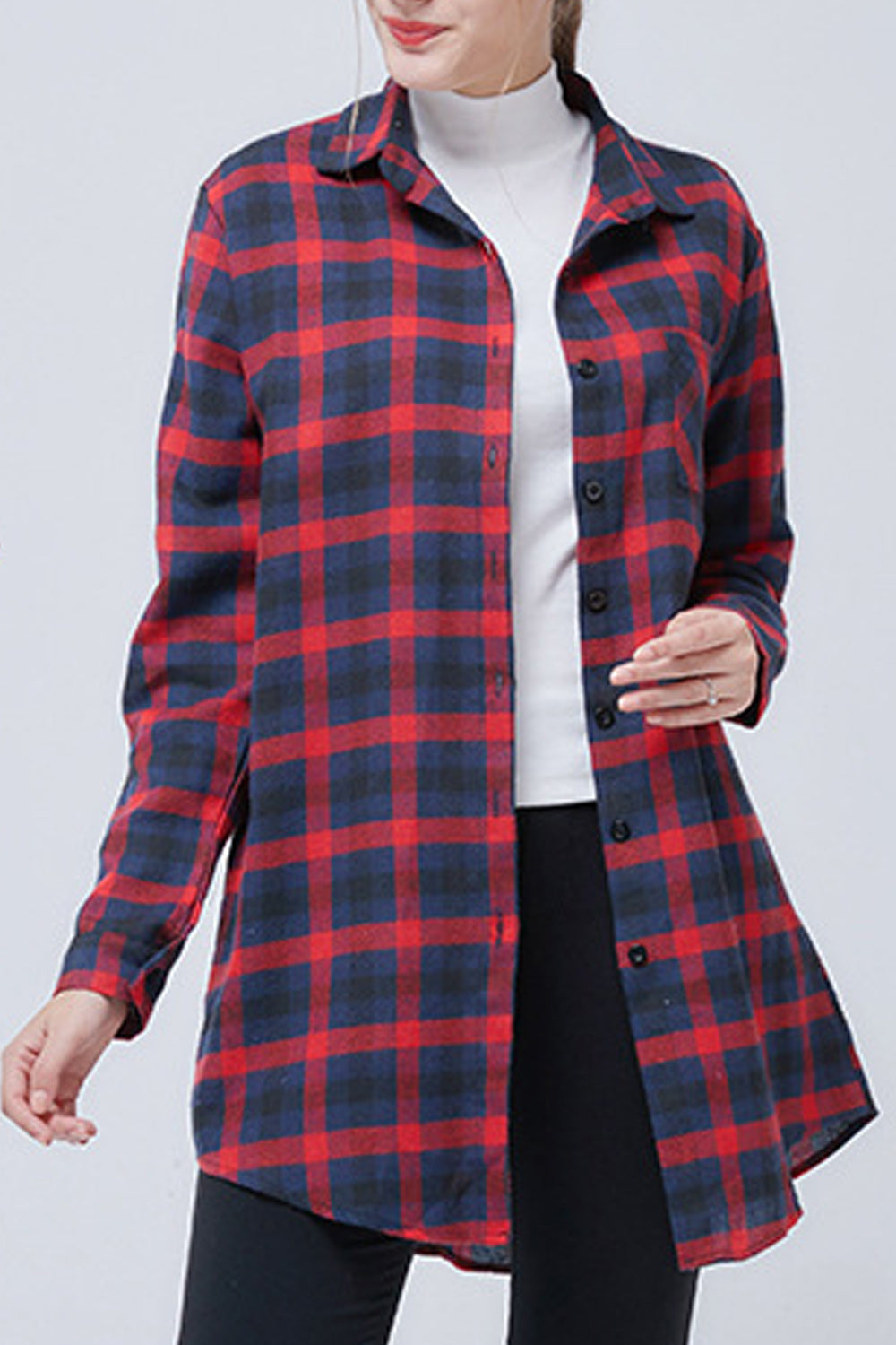 Women Comfortable Collar Neck Mid Length Plaid Pattern Shirt