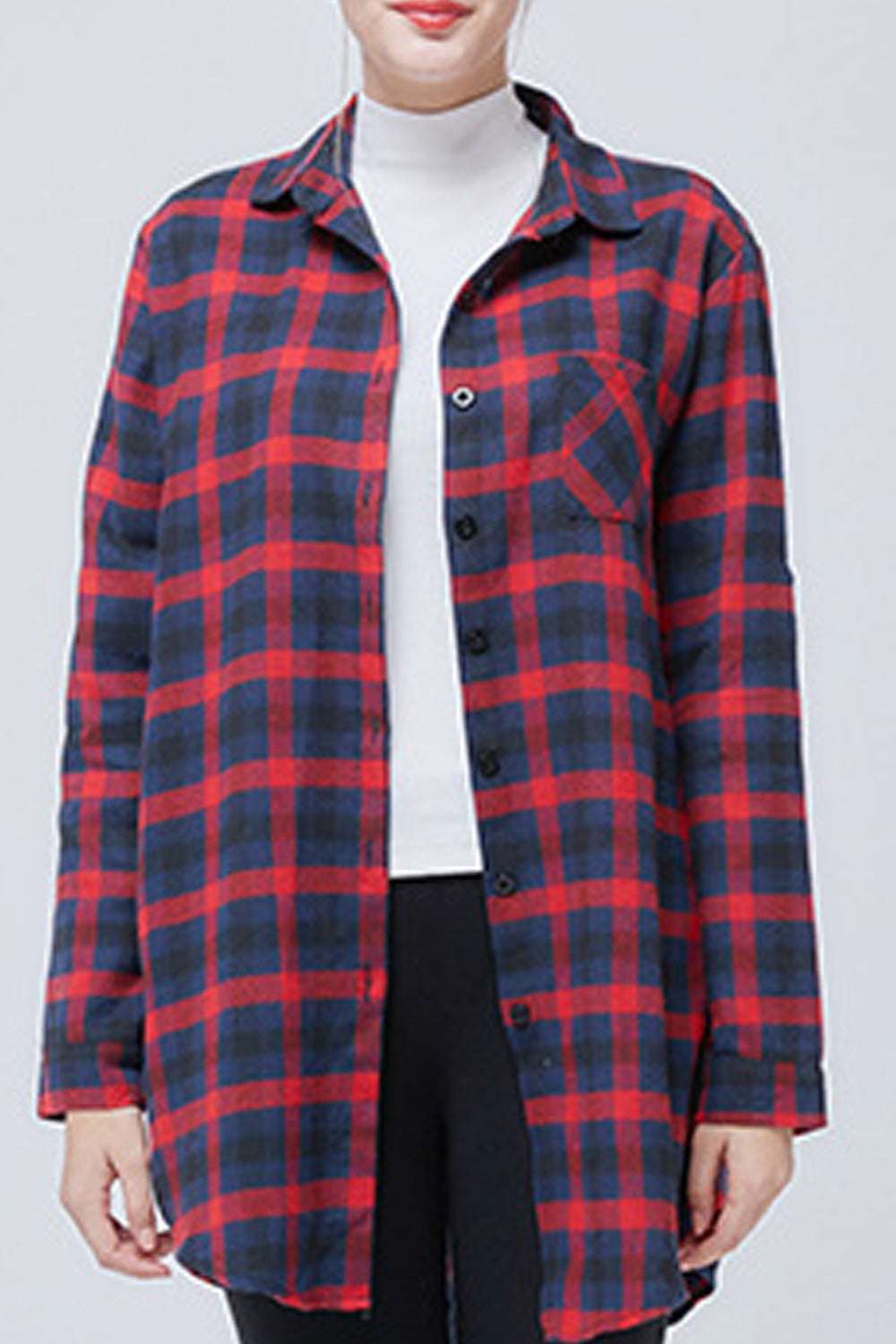 Women Comfortable Collar Neck Mid Length Plaid Pattern Shirt