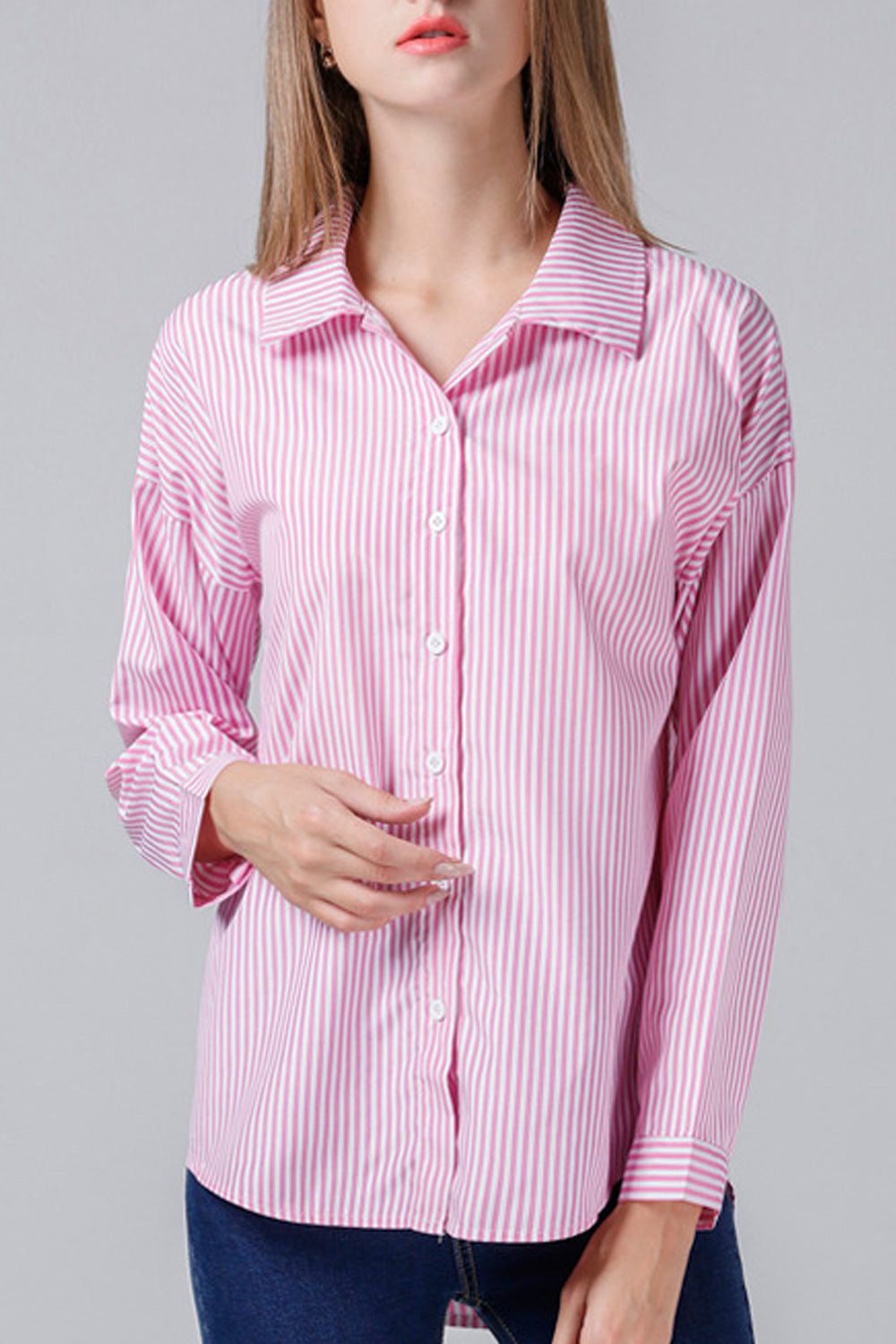 Women Collar Neck Fashionable Striped Pattern Lovely Shirt