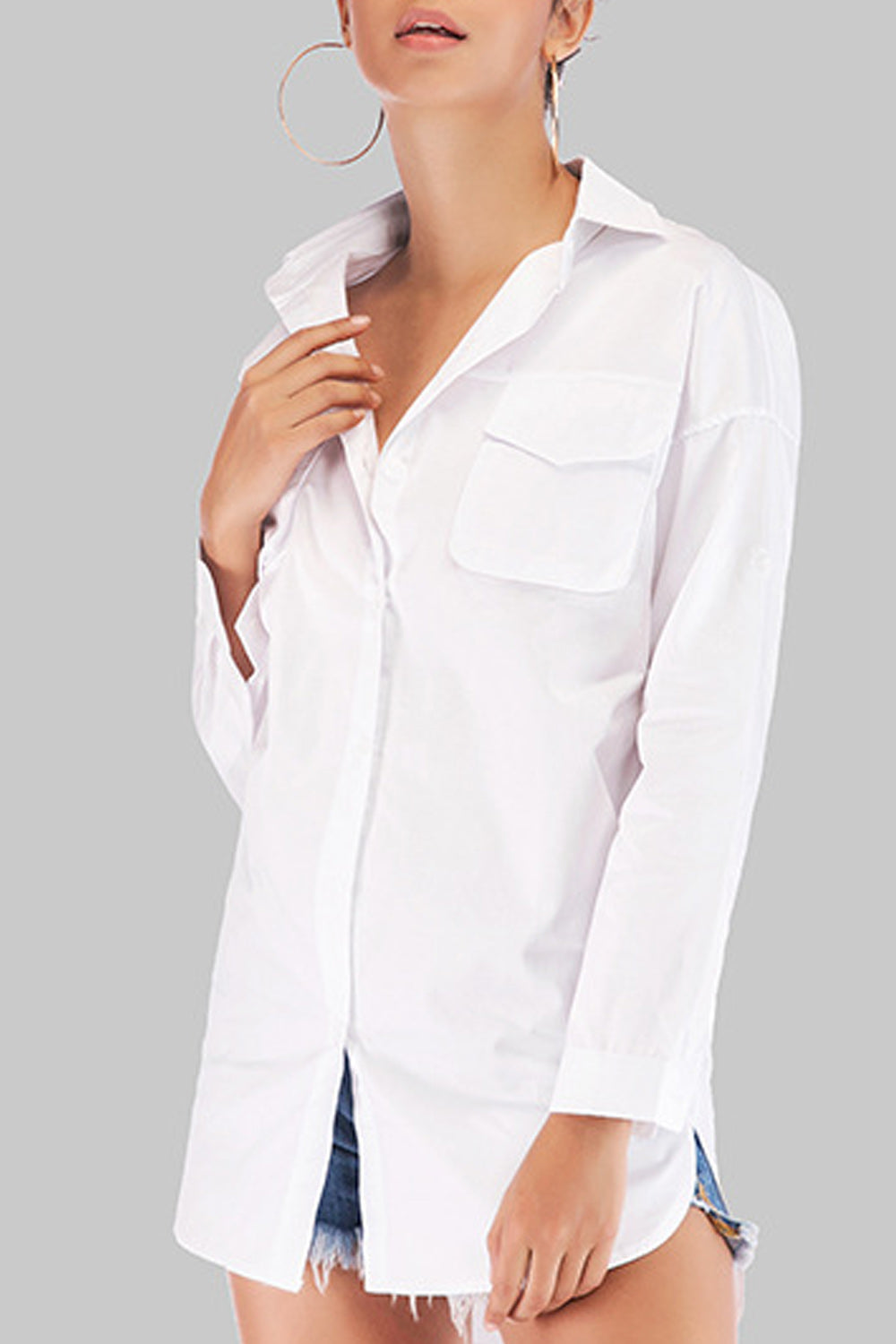 Women Solid Colored Long Sleeve Collar Neck Soft Loose Shirt