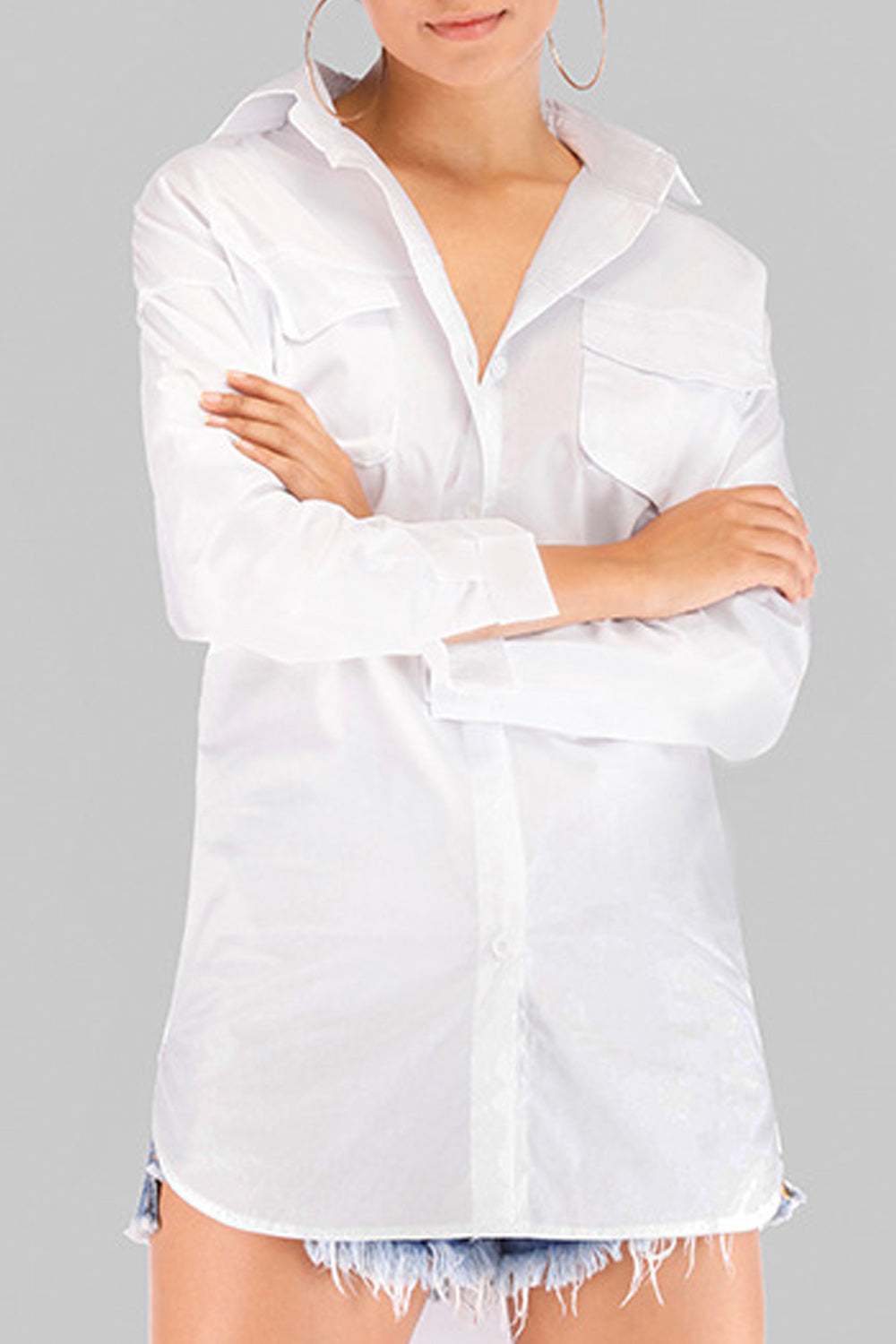 Women Solid Colored Long Sleeve Collar Neck Soft Loose Shirt
