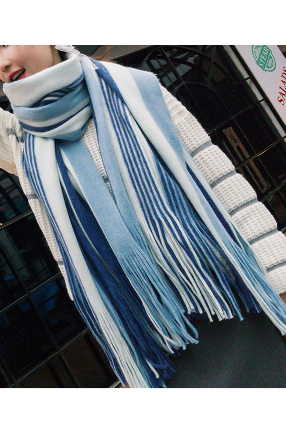 Women Tassel Decorated Long Length Stripe Pattern Cashmere Muffler