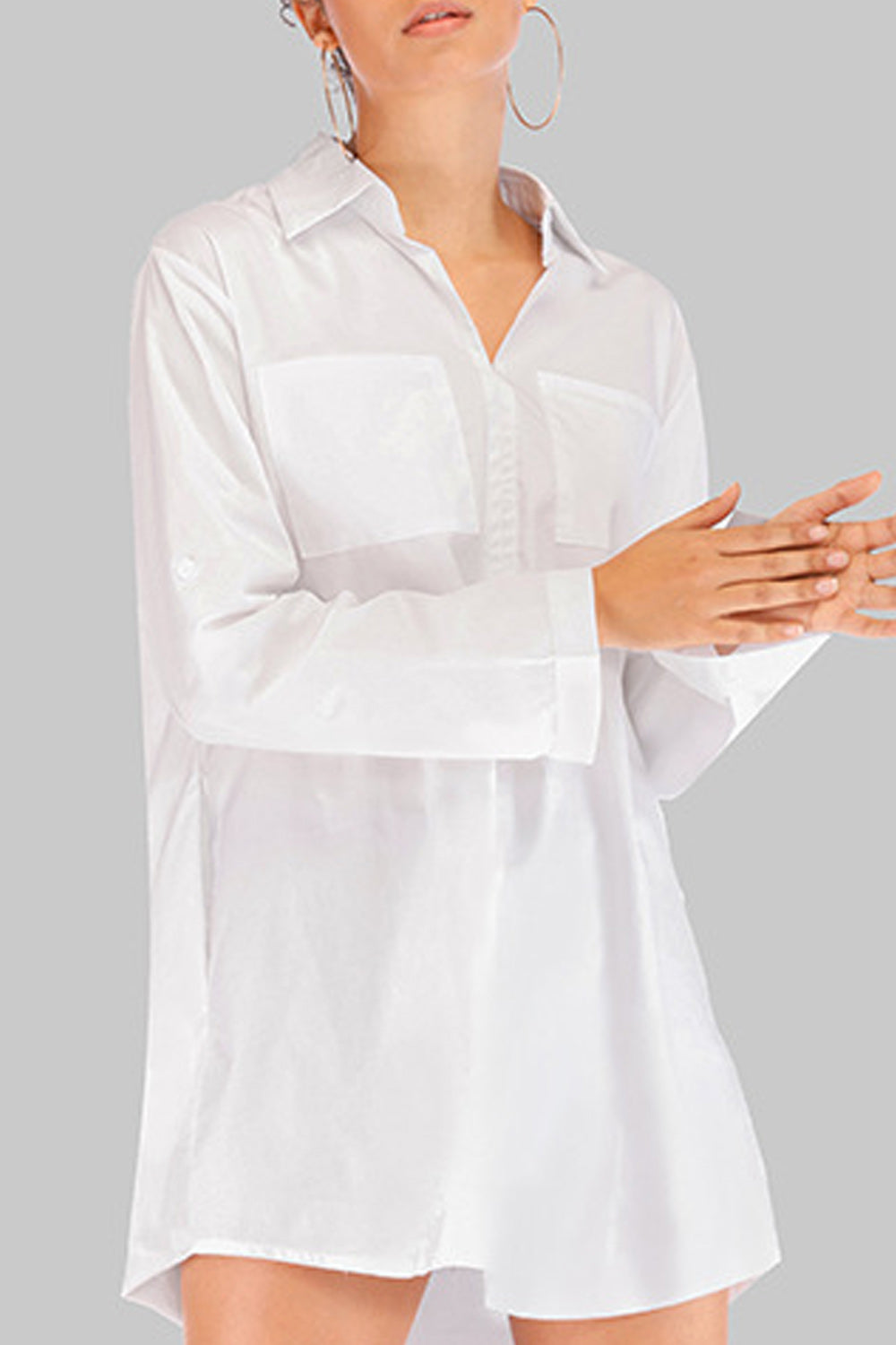 Women Simple V-Neck Solid Colored Loose long Sleeve Shirt