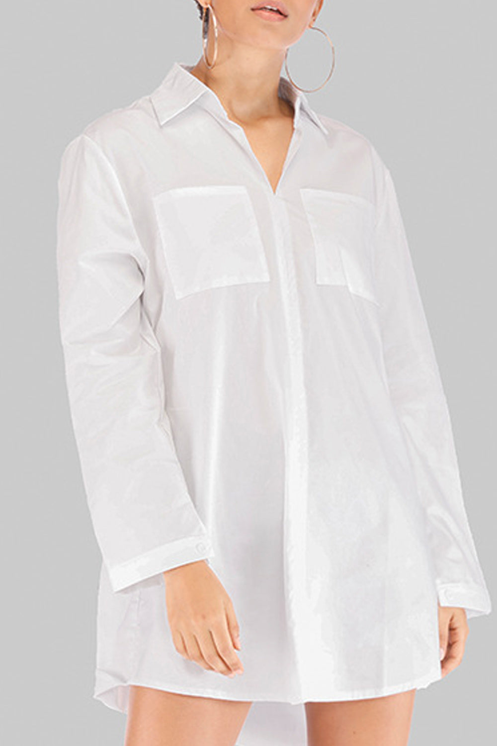 Women Simple V-Neck Solid Colored Loose long Sleeve Shirt