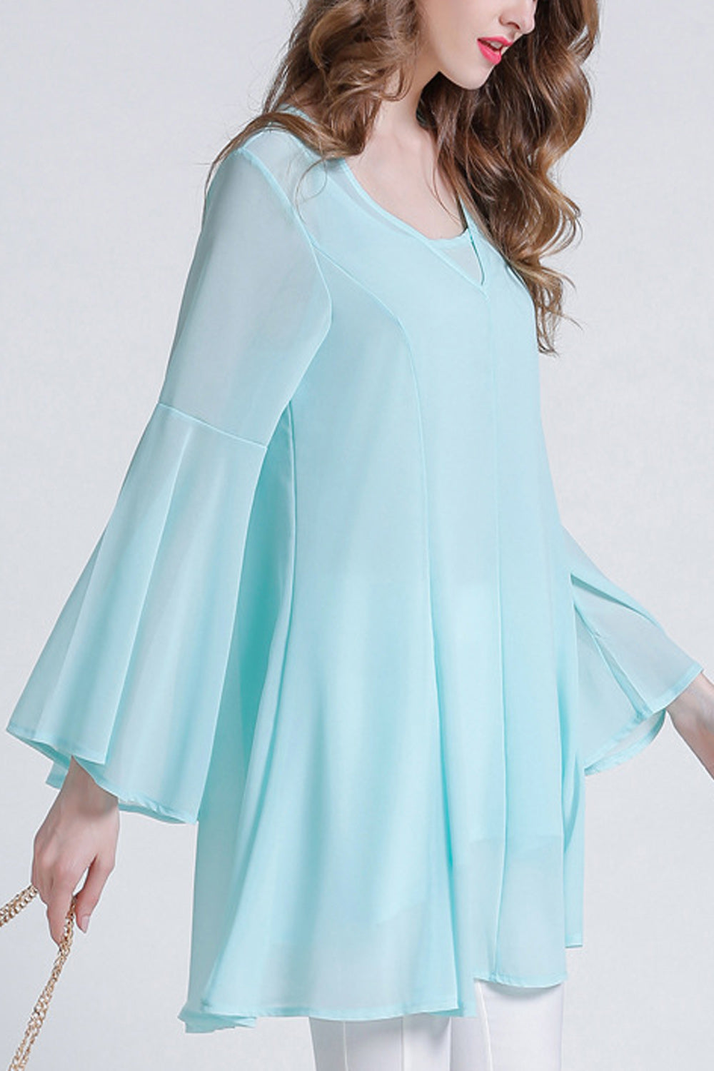 Women Classy V-Neck Style Solid Colored Loose Sleeve Soft Shirt
