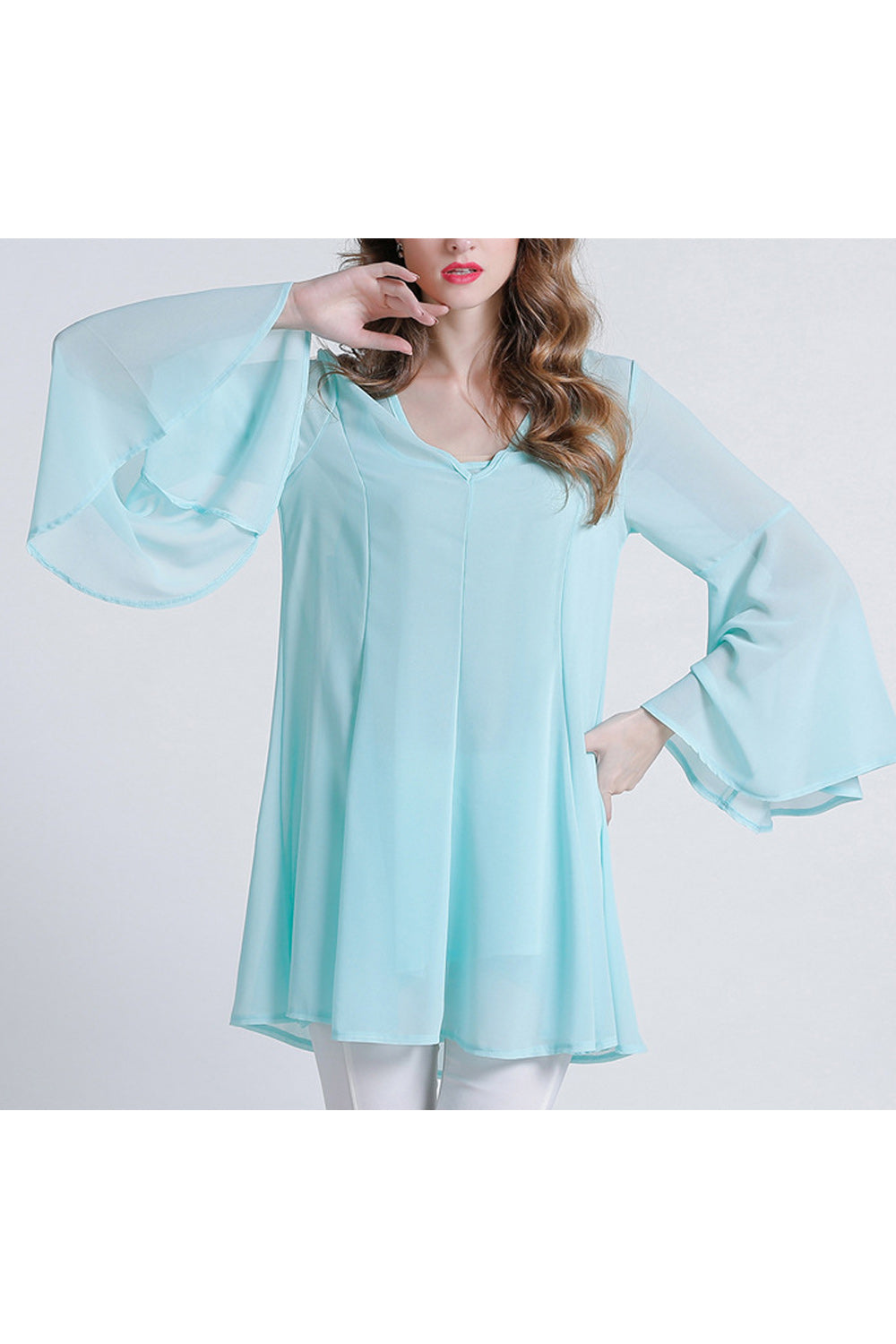 Women Classy V-Neck Style Solid Colored Loose Sleeve Soft Shirt