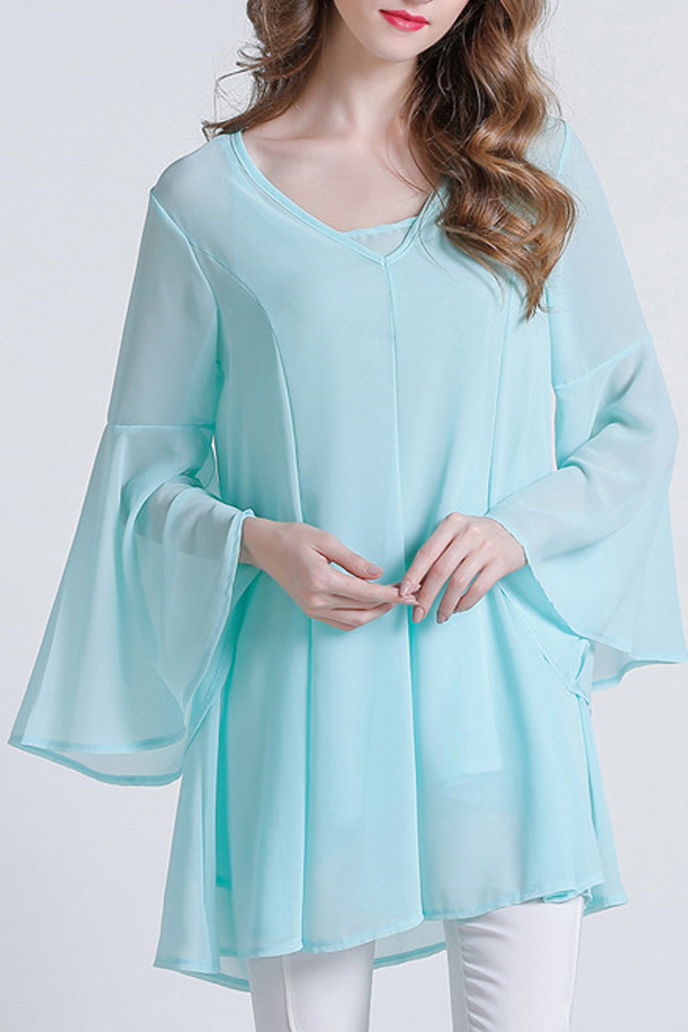 Women Classy V-Neck Style Solid Colored Loose Sleeve Soft Shirt
