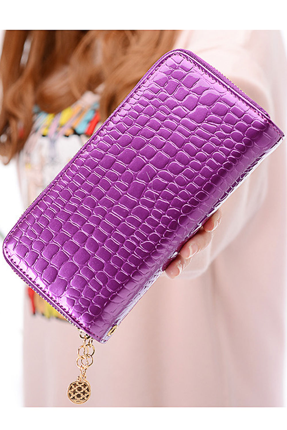 Women Double Zipper Solid Colored Thick Leather Long Clutch