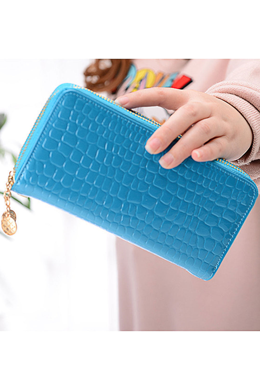 Women Double Zipper Solid Colored Thick Leather Long Clutch