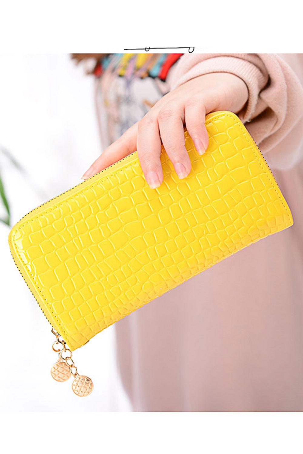 Women Double Zipper Solid Colored Thick Leather Long Clutch