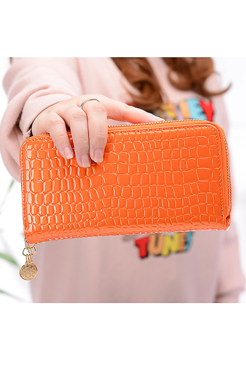 Women Double Zipper Solid Colored Thick Leather Long Clutch