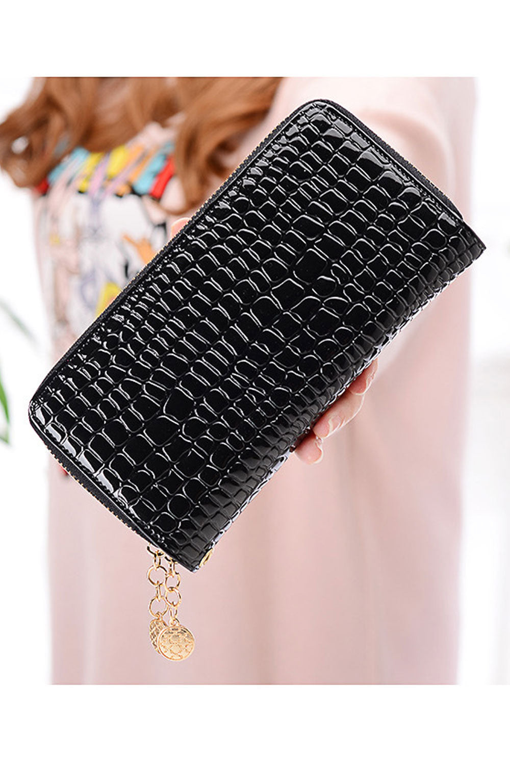 Women Double Zipper Solid Colored Thick Leather Long Clutch