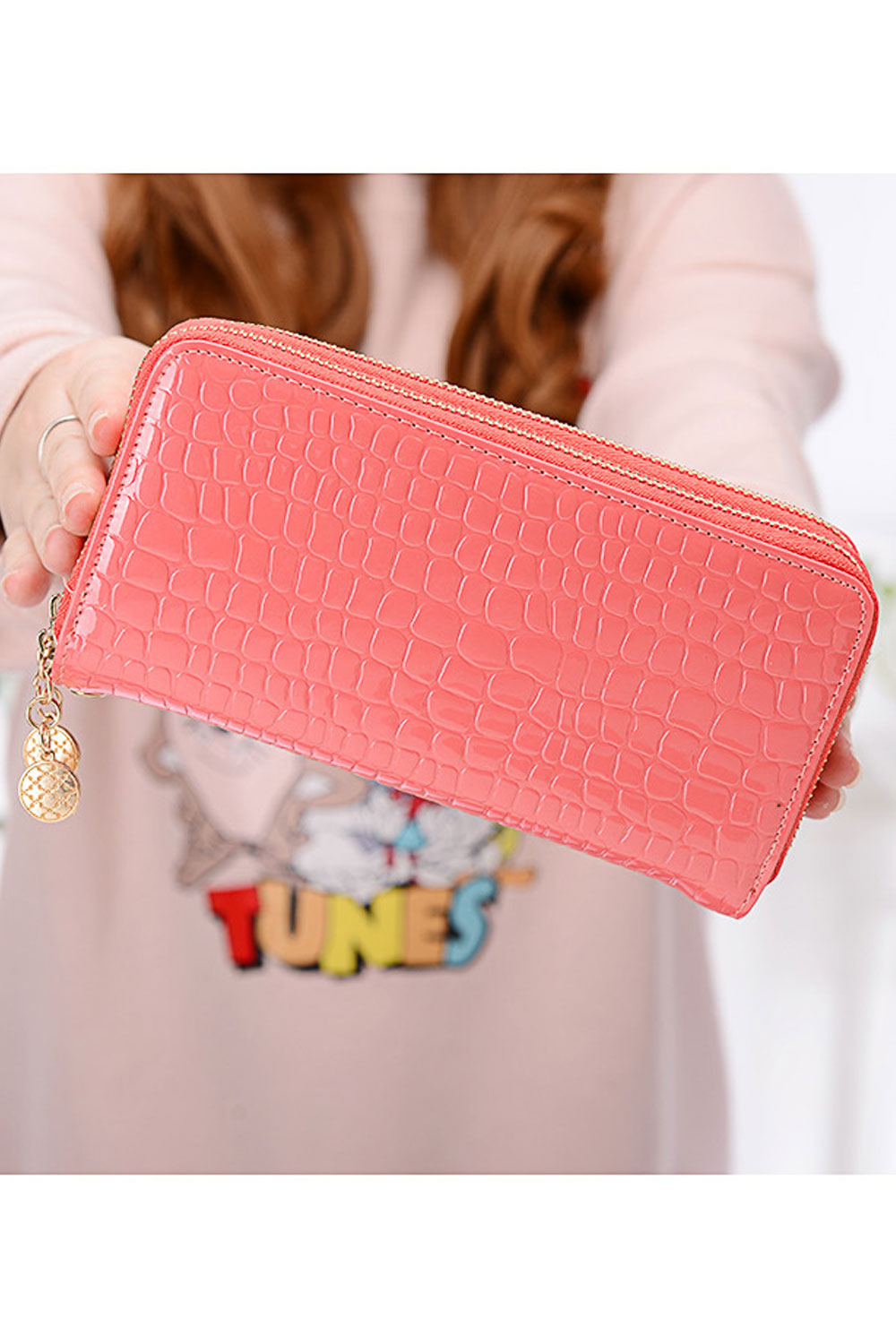 Women Double Zipper Solid Colored Thick Leather Long Clutch