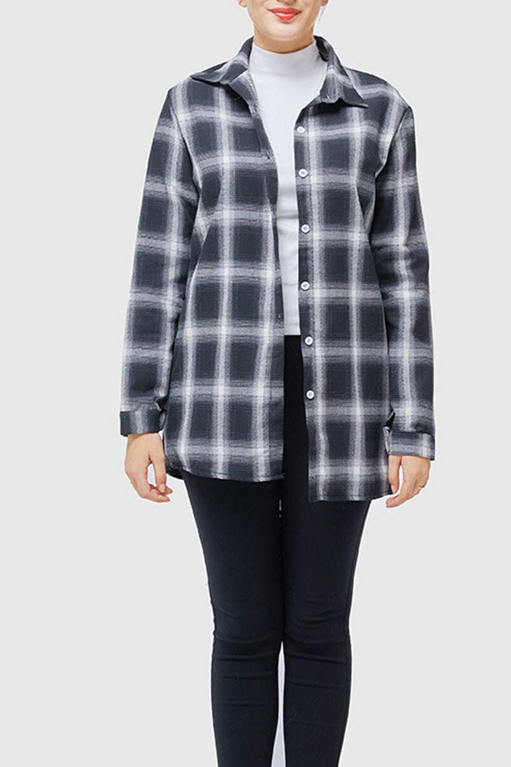 Women Pretty Collar Neck Button Closure Long Sleeve Plaid Pattern Shirt