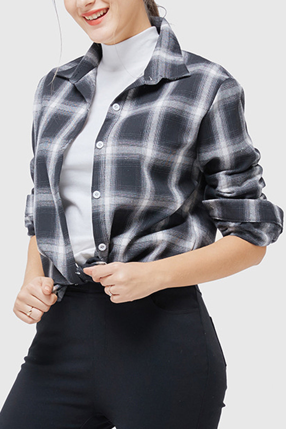 Women Pretty Collar Neck Button Closure Long Sleeve Plaid Pattern Shirt