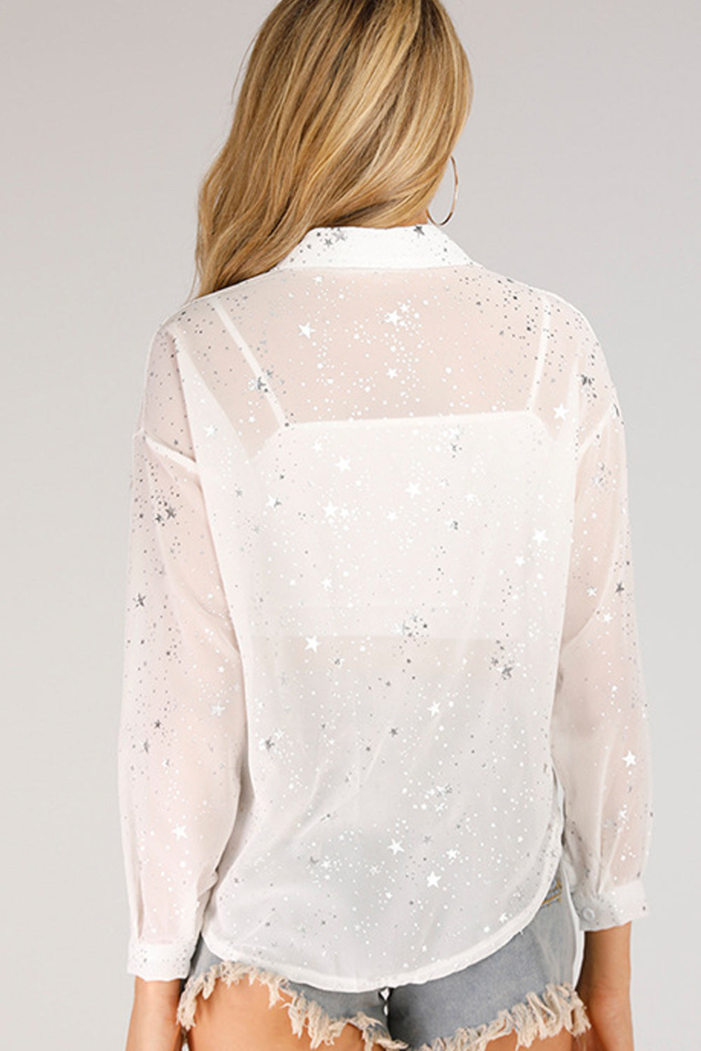 Women Loose Long Sleeve Collar Neck Solid Colored Thin Shirt
